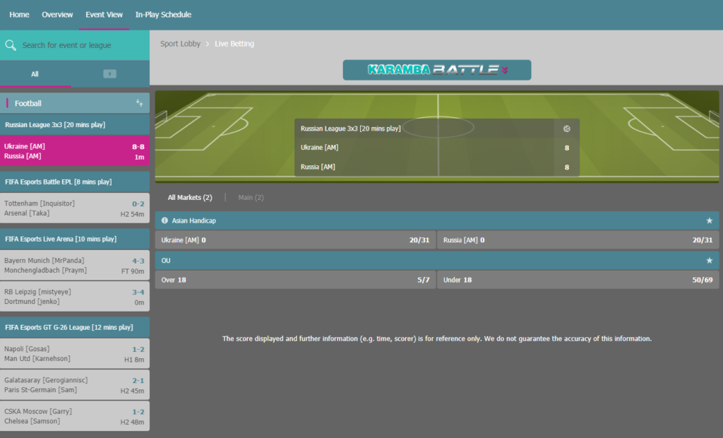 Karamba live betting - in-play betting visual