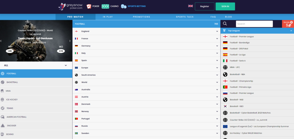 Greysnow sports pre-match lobby