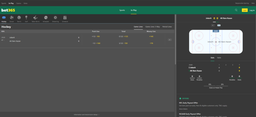 Bet365 NJ In-play bets and Live Stream