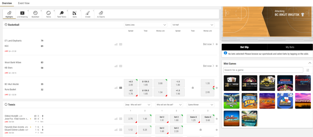 betmgm live sports section highlights