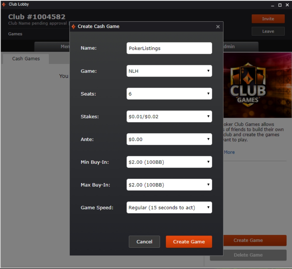 Insert your partypoker home game structure details
