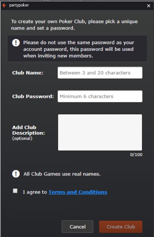 Setting up partypoker club private poker table details