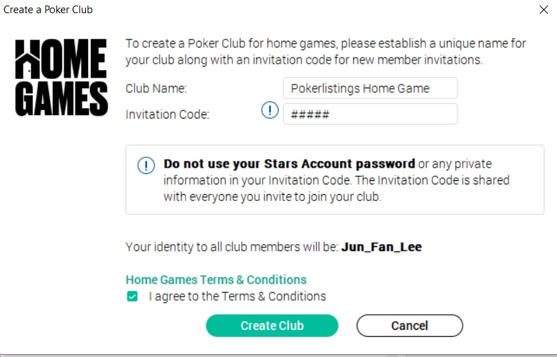 Set up a password and name for your PokerStars poker club to start playing poker with friends online 