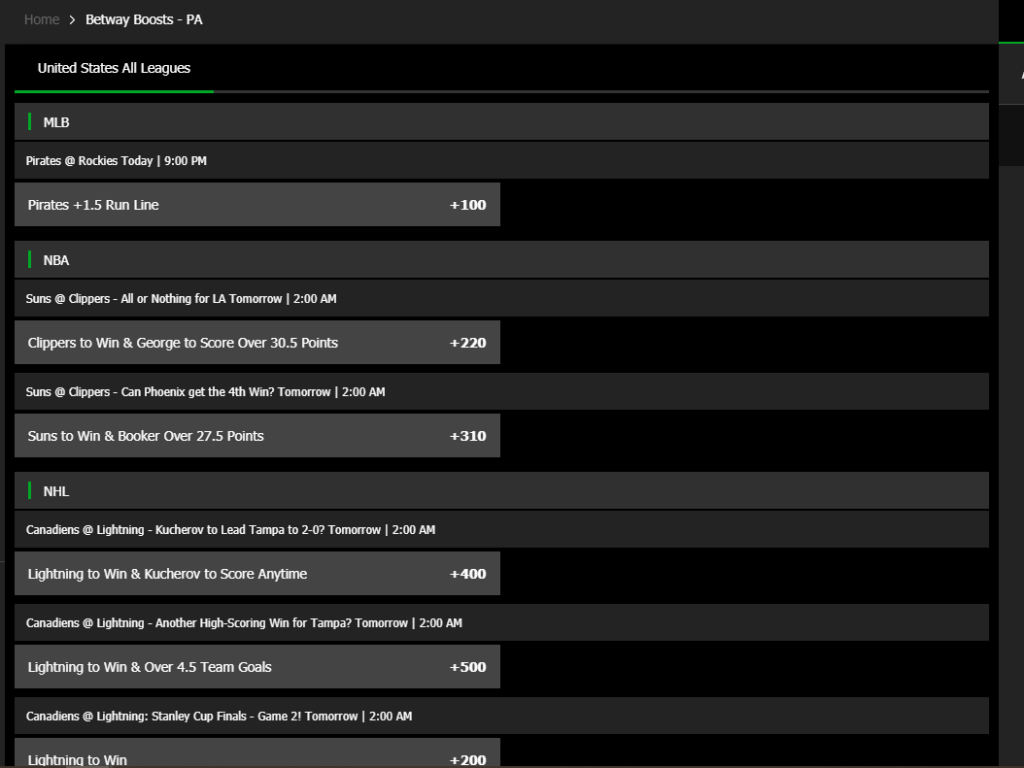 Betway Enhanced Odds - Boosted Odds - US and International