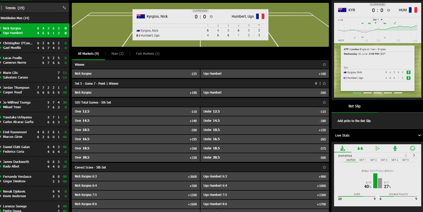 Betway Sports in-play - live data and stats