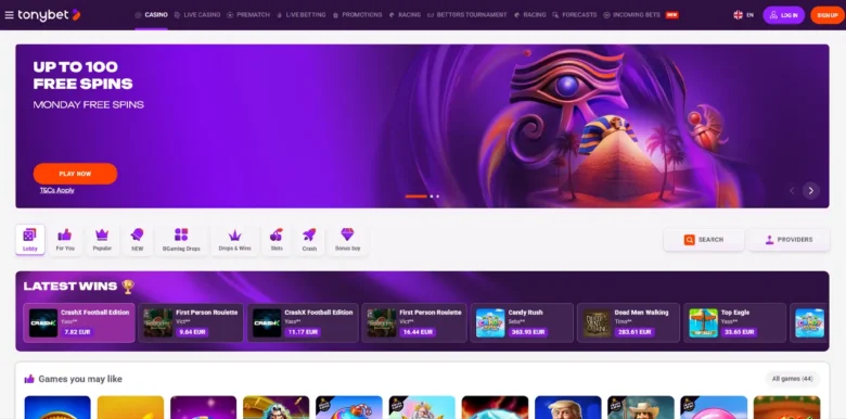 TonyBet Casino main webpage