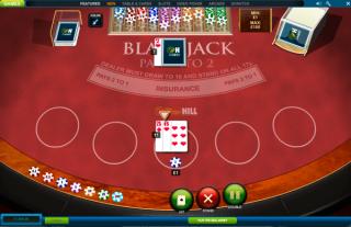 Blackjack table ongoing hand. Player 16(double 8s) vs dealer 9. Hit, Stand, or Split.