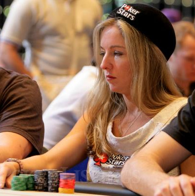 Victoria Coren Mitchell playing poker and looking focused.