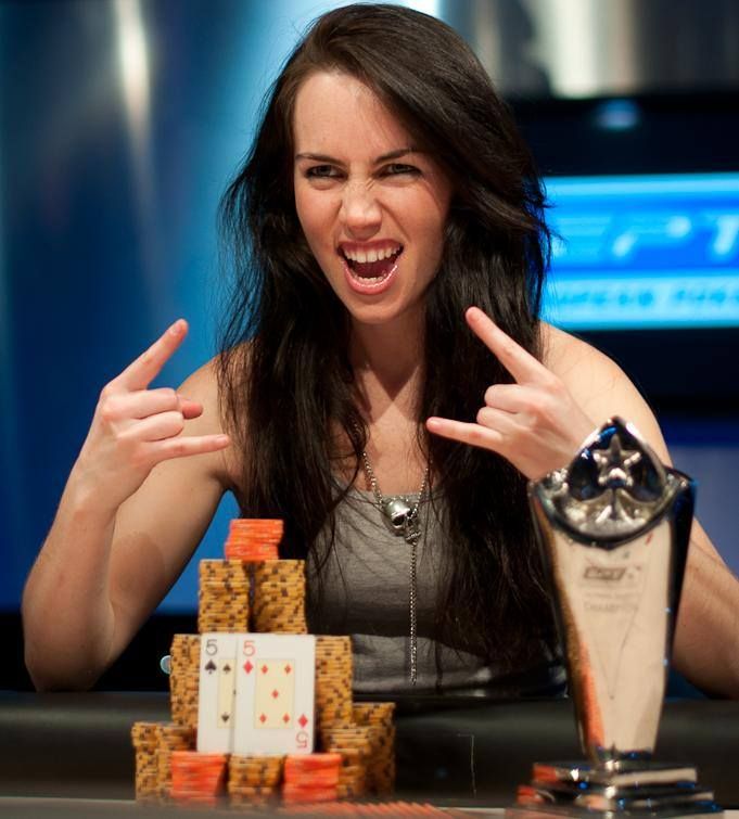 Liv Boeree with a rock'n'roll face after winning the EPT.
