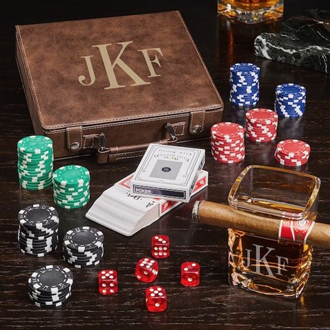 Personalized poker and whiskey set.
