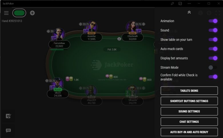 JackPoker Table Options