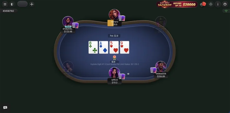 Online poker table with Omaha hand