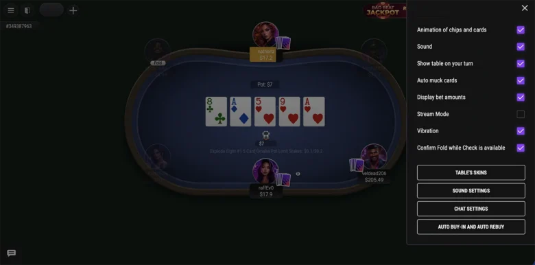 JackPoker app settings menu options