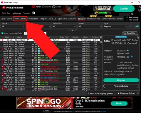 PokerStars Home game tab.