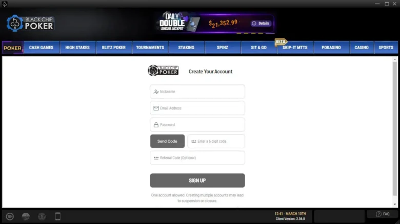 Black Chip Poker Registration Page