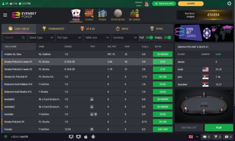 EvenBet Cash Game Lobby.