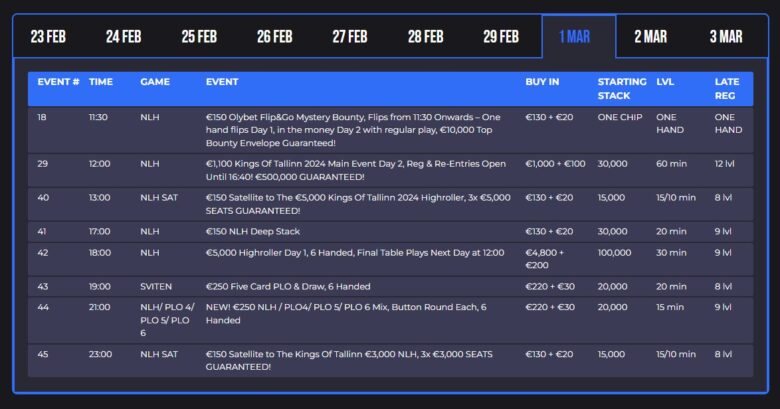 Kings Of Tallinn 2024 schedule March 1.