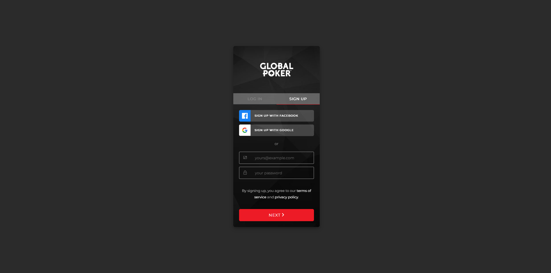 Global Poker registration form