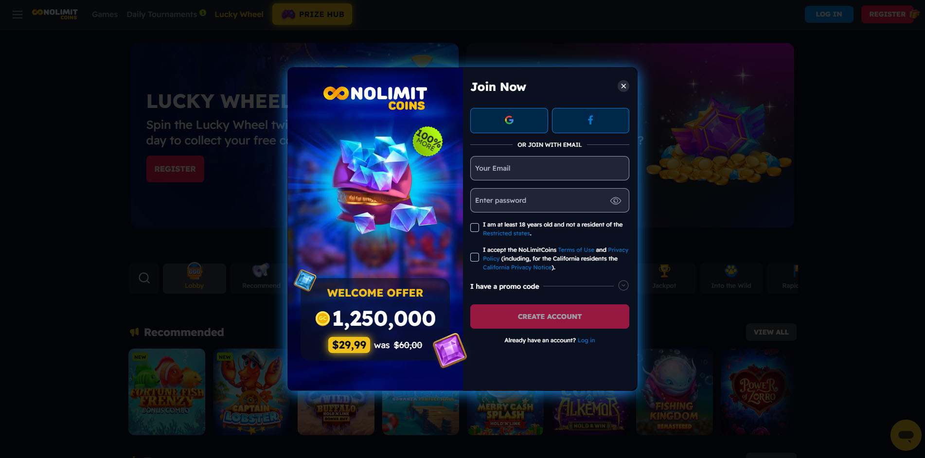 Nolimitcoins Casino registration form