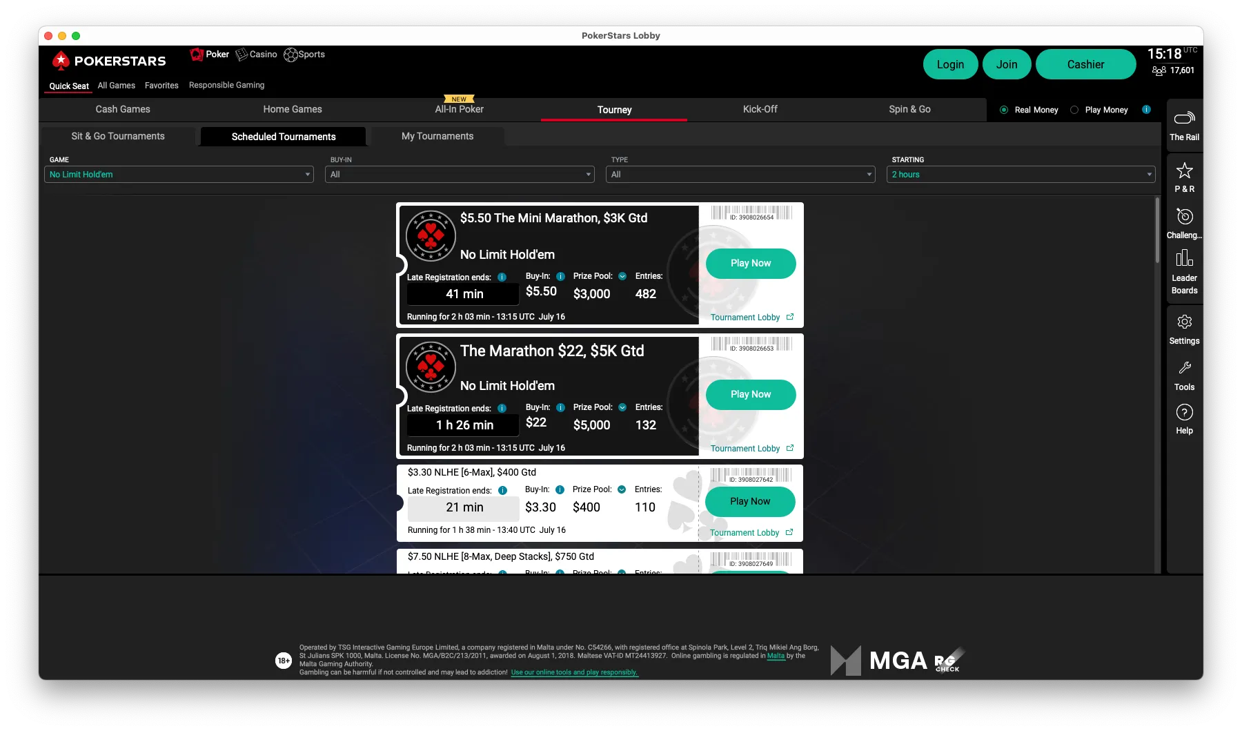 Scheduled tournaments at Pokerstars 2025