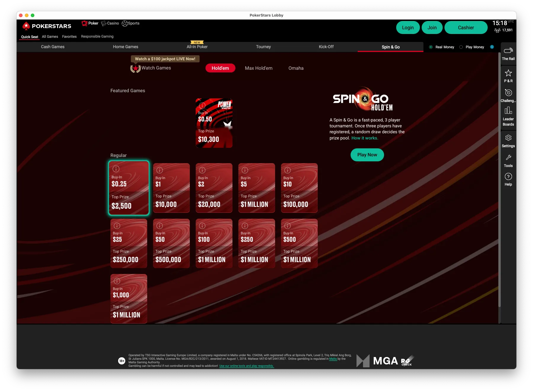 Spin & Go Tournaments at Pokerstars client 2025