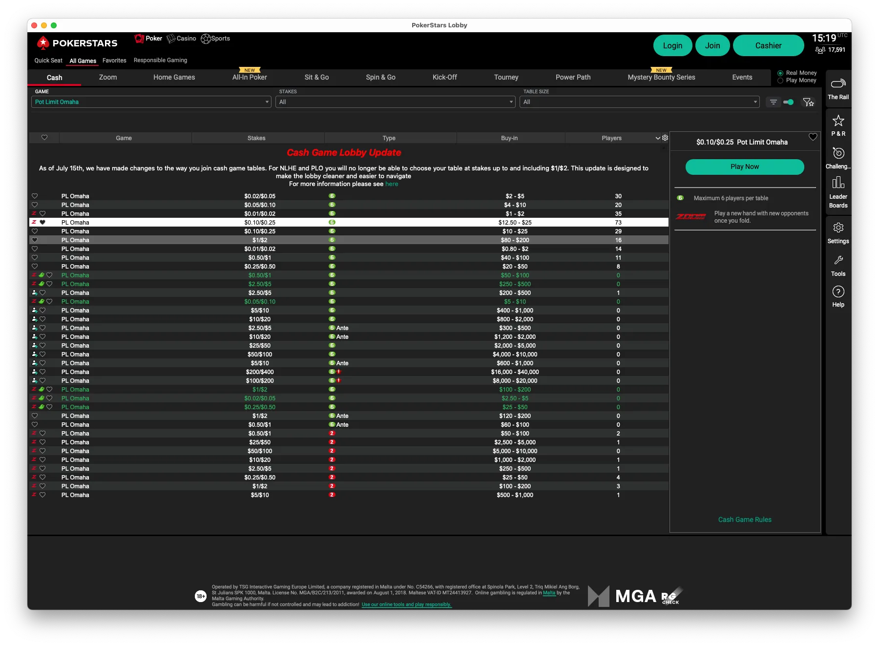 Cash games tab at Pokerstars 2025