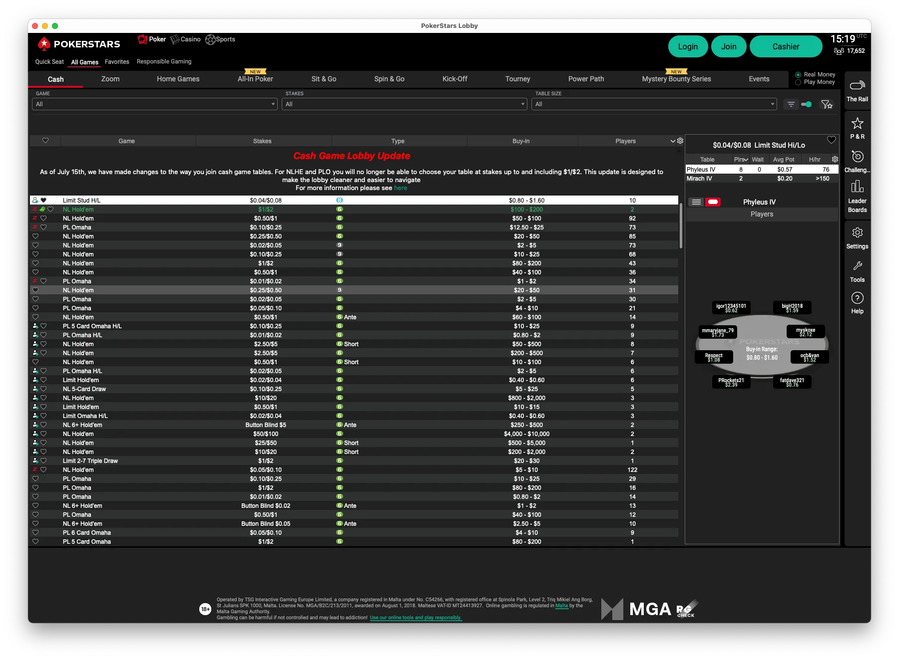 Updated Cass Game lobby Pokerstars 2025