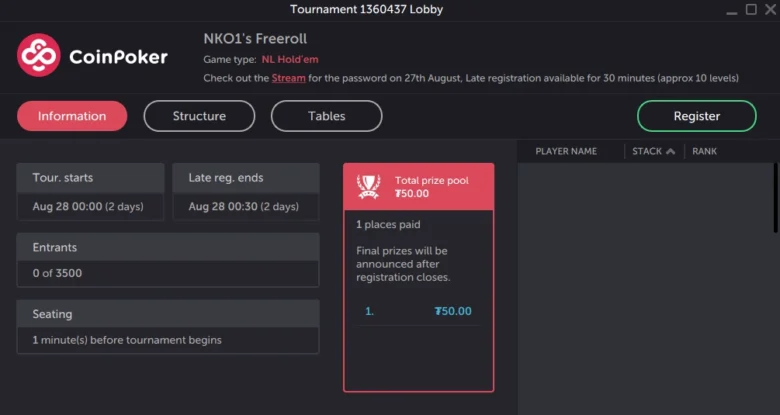 NKO1’s Freeroll on CoinPoker Lobby