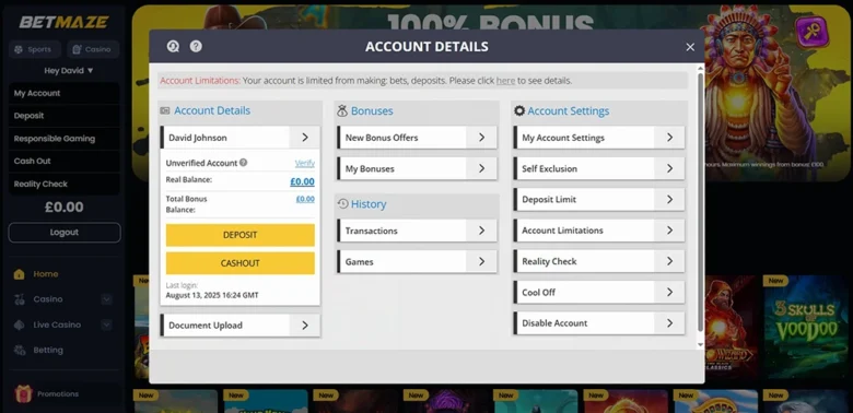 Betmaze Casino Personal Account