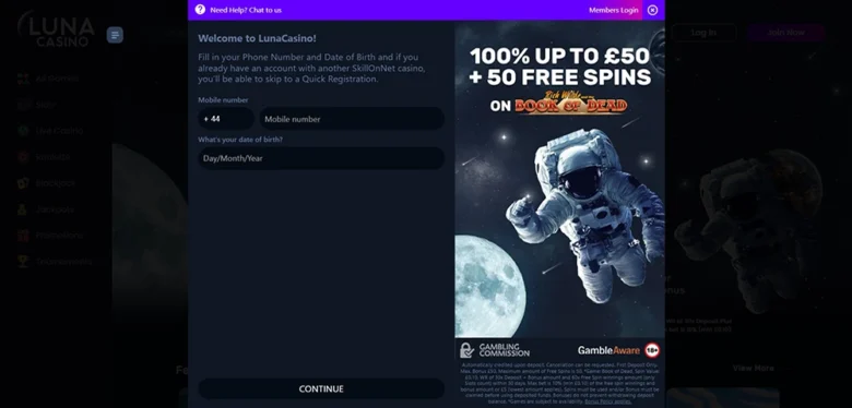Luna Casino Registration Page