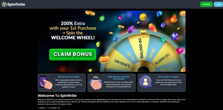 Spinfinite Casino Main webpage