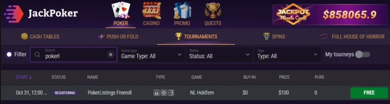 How to Find PokerListings Freeroll on JackPoker