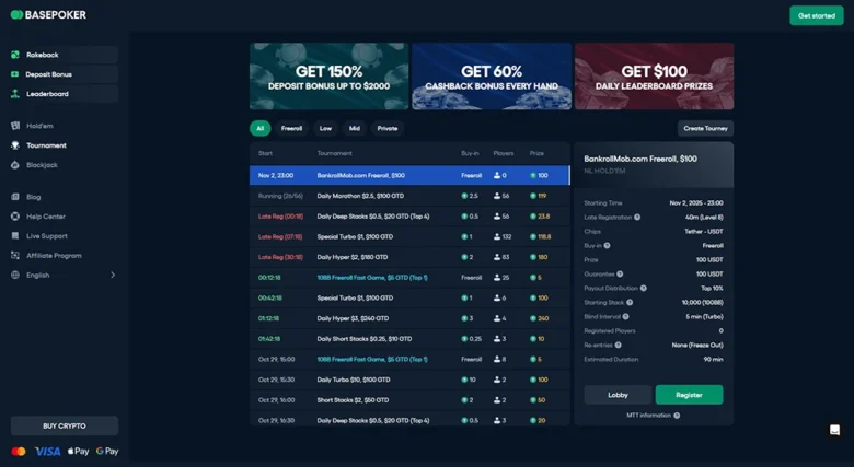 BasePoker Screenshot Tournament Games Page