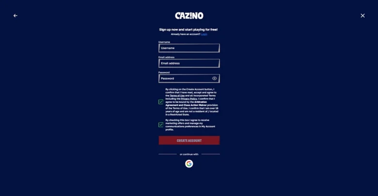 Cazino.com Screenshot Registration Page