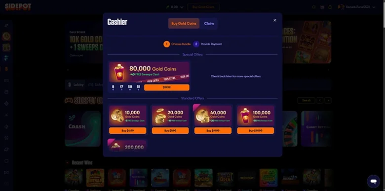Sidepot Casino Payments Page