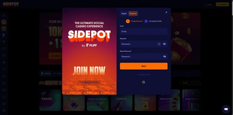Sidepot Casino Registration Page