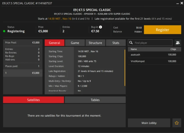 RedStar Poker Super Classic: €7.50 Special Classic €5K GTD