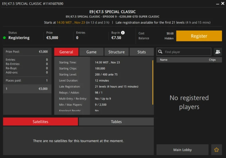 RedStar Poker Super Classic: €200 Special Classic €200K GTD 