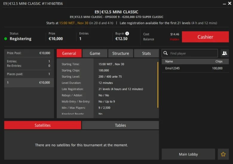 RedStar Poker Super Classic: €12.50 Mini Classic €10K GTD