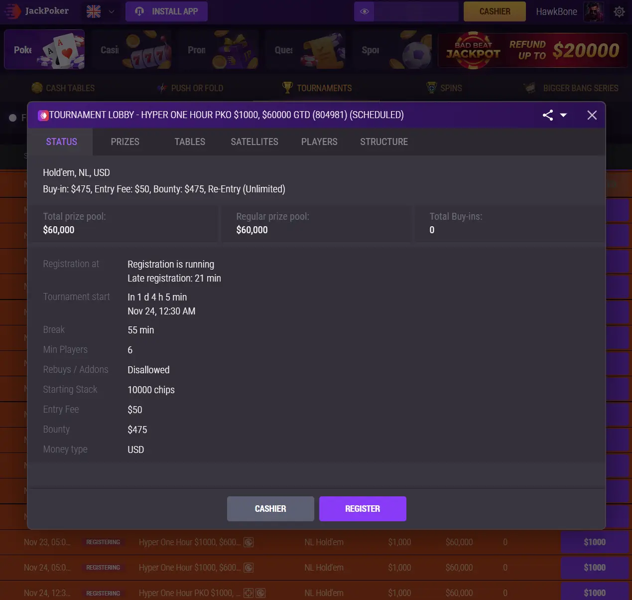 Jackpoker lobby with the tournament Hyper One Hour