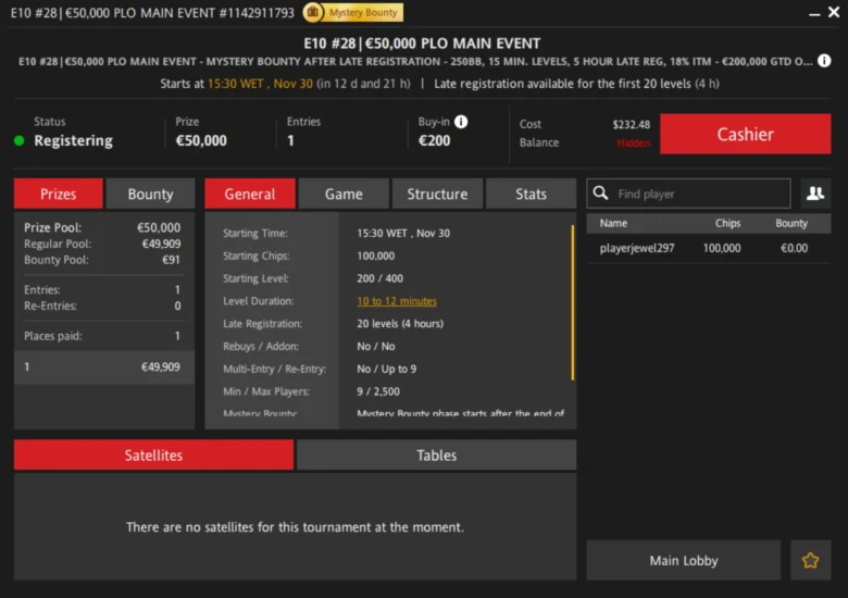 €20 PLO Main Event €50,000 GTD