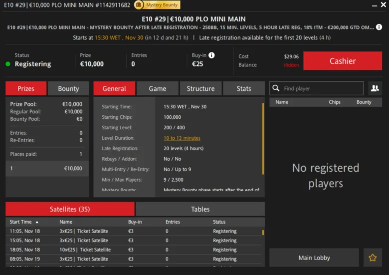 €25 PLO Mini Main €10,000 GTD