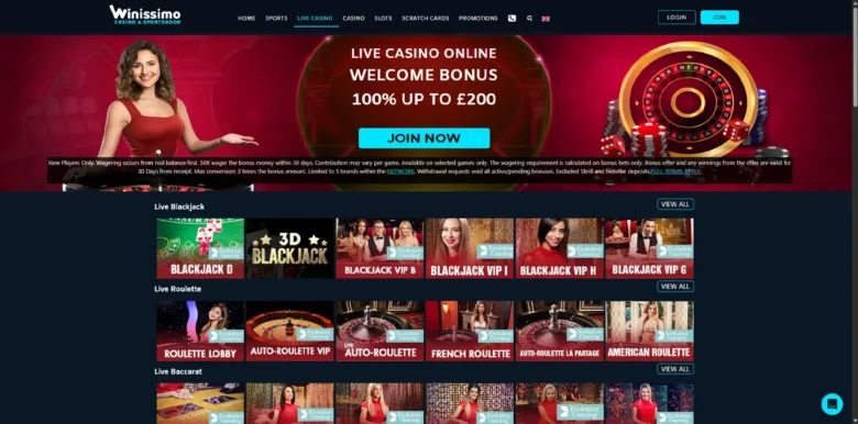 Winissimo Live Casino section