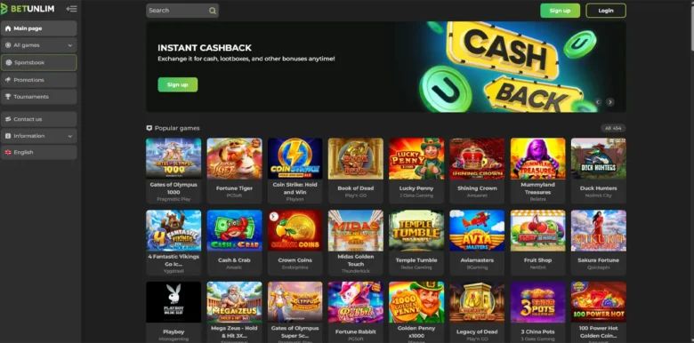 Betunlim Casino main webpage
