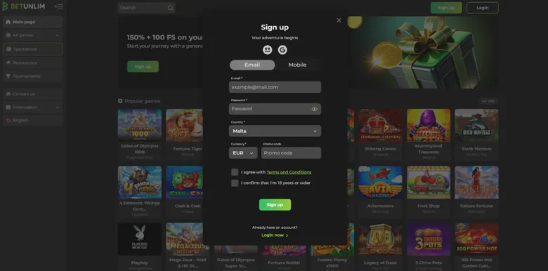 Betunlim Casino sign up