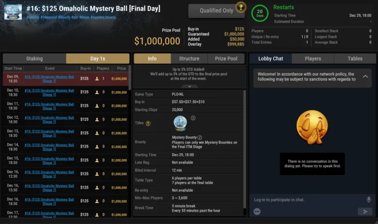 Winter Giveaway Series $125 Omaholic Mystery Ball $1M GTD + Add-On $50K