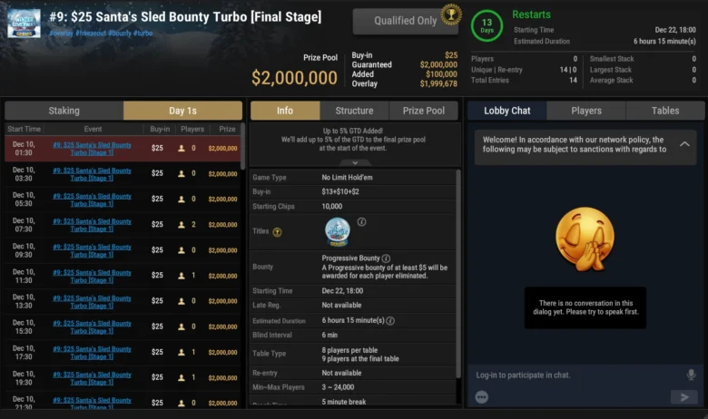 Winter Giveaway Series $25 Santa’s Sled Bounty Turbo $2M GTD + Add-On $100K