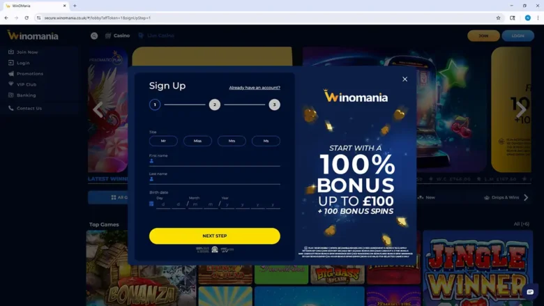 Winomania Casino Registration Page