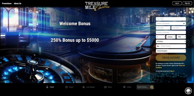 Treasure Mile Casino main webpage