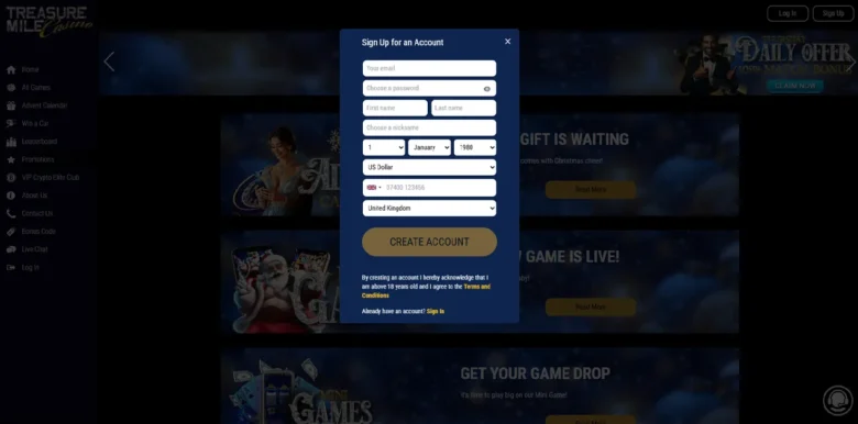 Treasure Mile Casino sign up